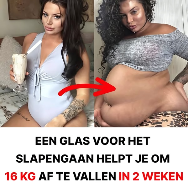 A split-screen comparison showing a user with a beverage on the left and a dramatic before-and-after body transformation on the right.